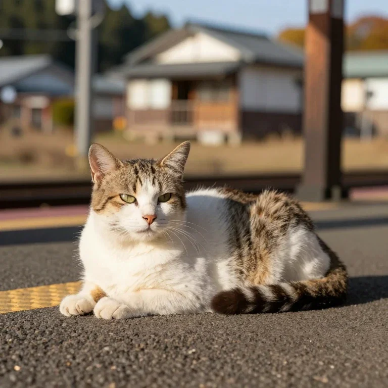 cat relaxing rural japan station