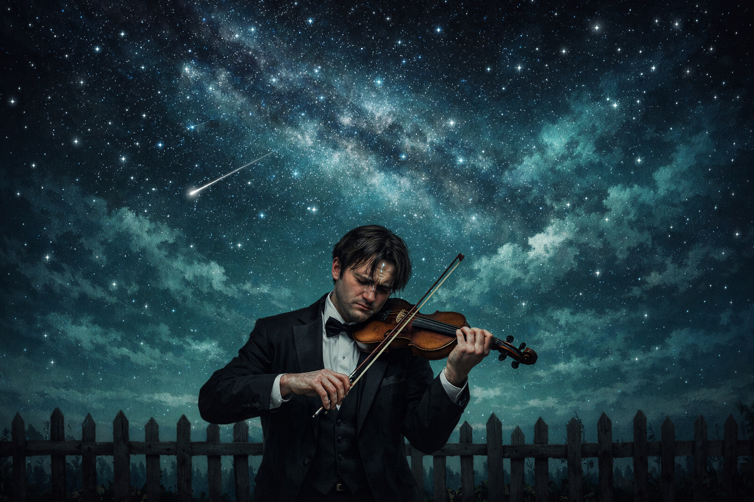lonely man playing violin under starry sky