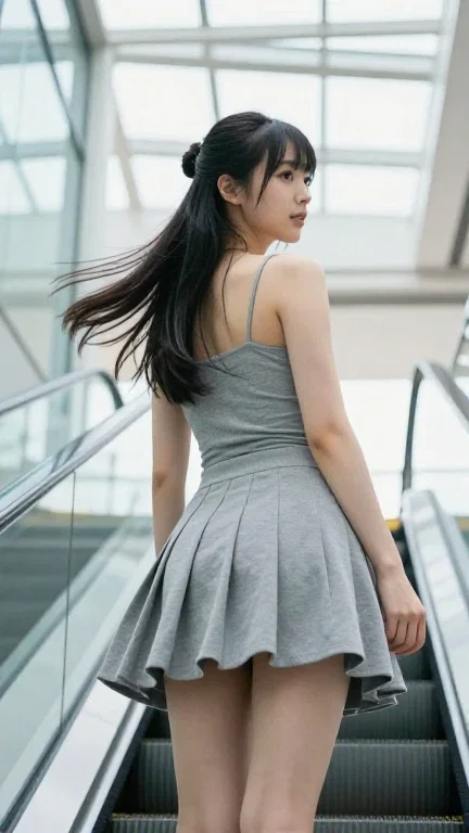 japanese woman on escalator in modern glass building