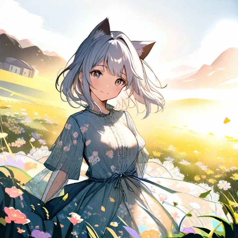 silver haired cat girl smiling floral blouse