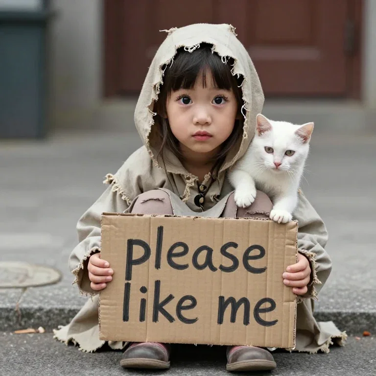 cute girl begging with cat