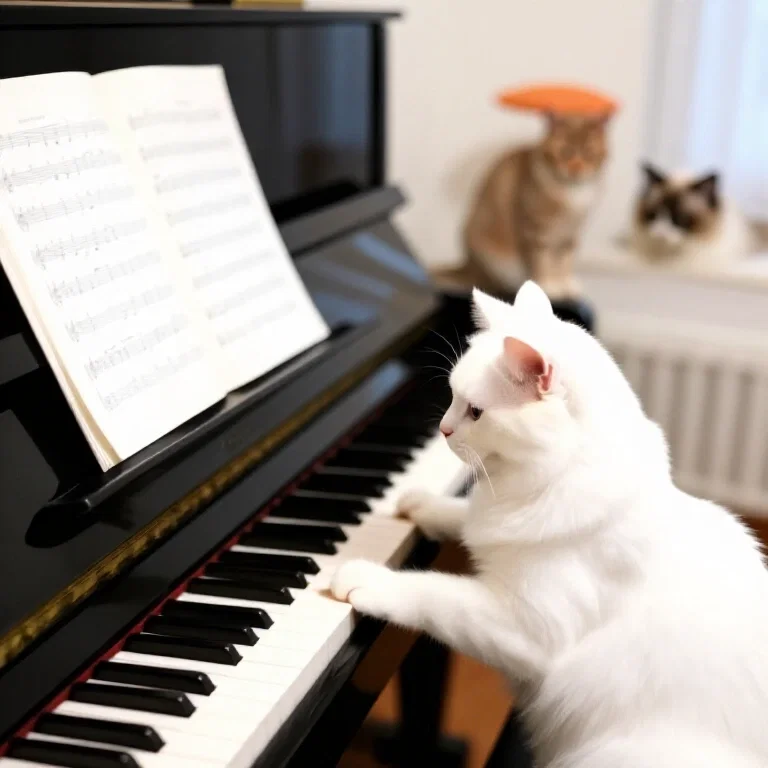 cat playing piano in cute room