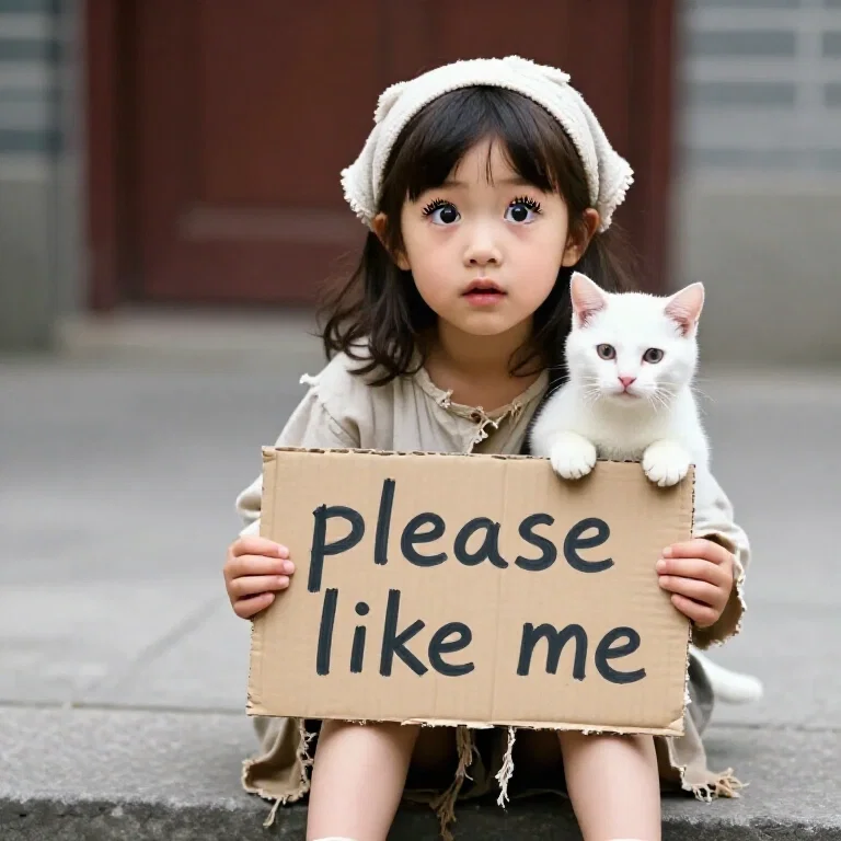 cute girl with cat begging on street