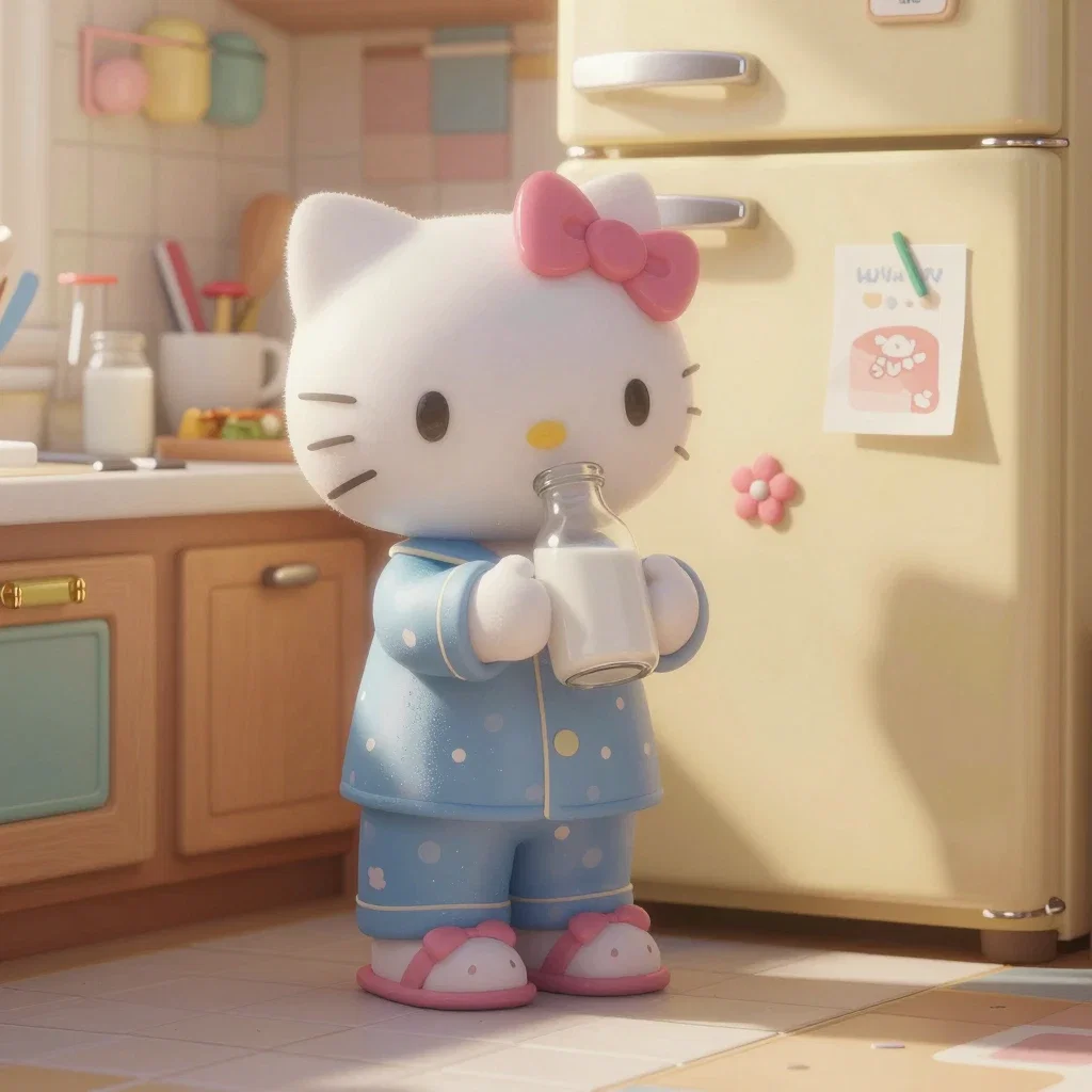 hello kitty drinking milk in kitchen