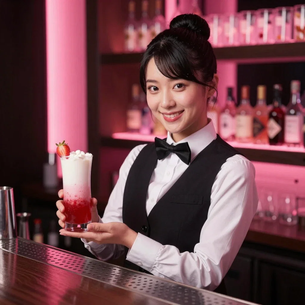 japanese female bartender serving strawberry milk cocktail