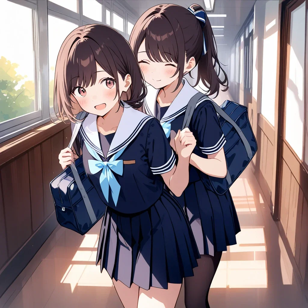 cute girl in sailor uniform in school hallway