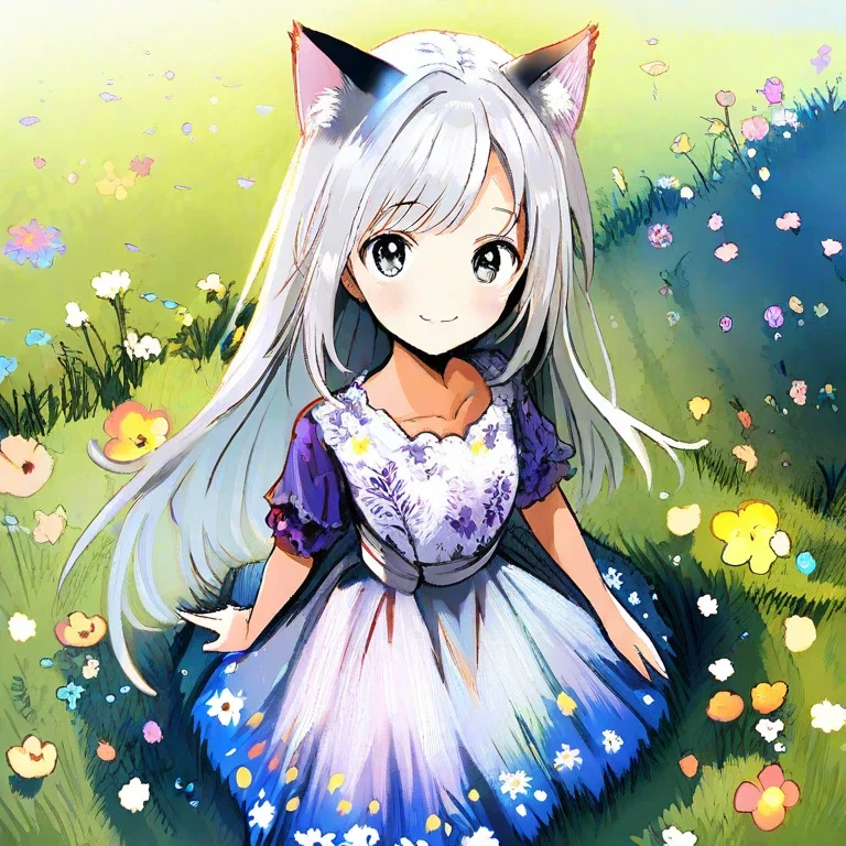 silver haired cat girl smiling floral blouse