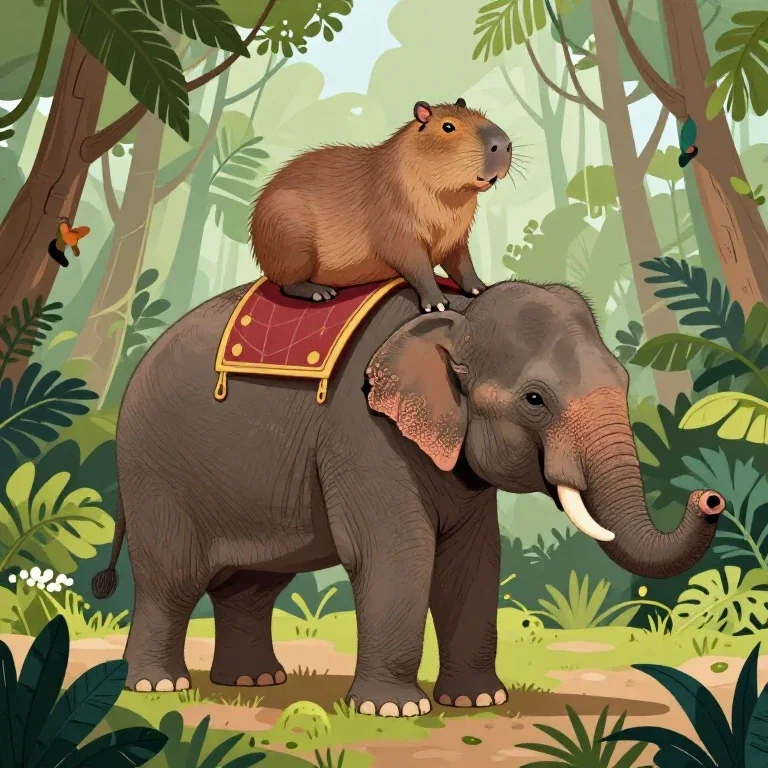capybara riding elephant in jungle