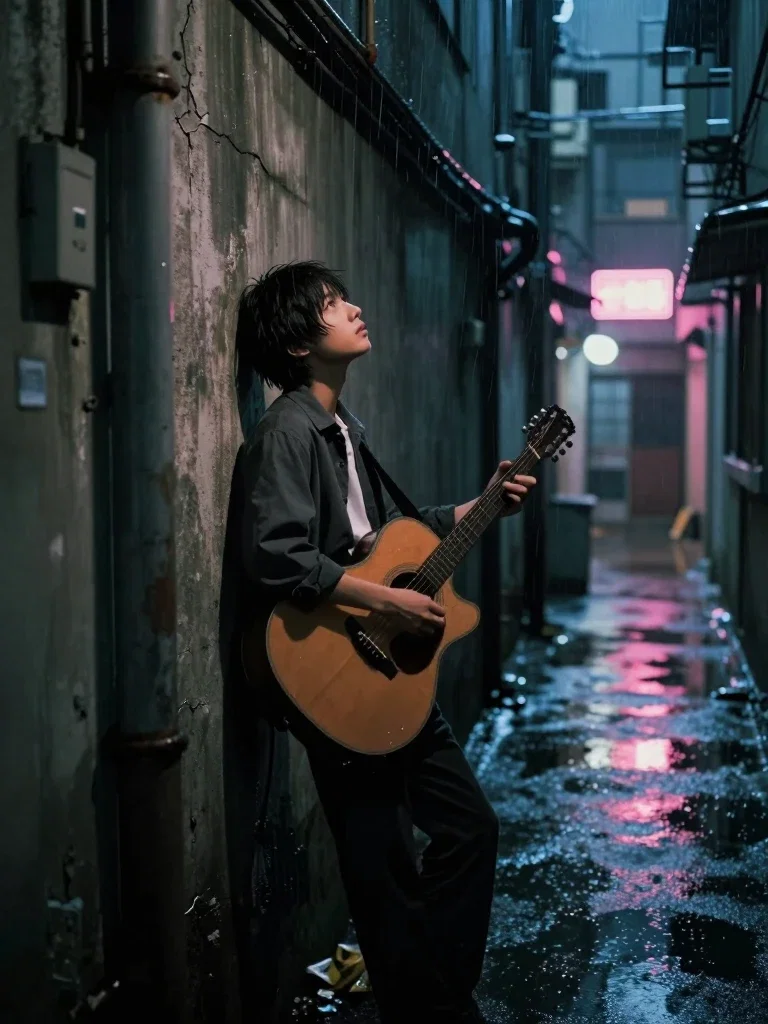 lonely teenage boy in rainy alley with guitar