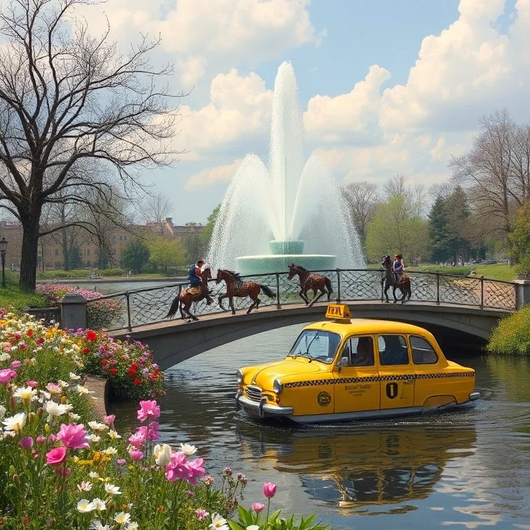 follow her to a bridge by a fountain