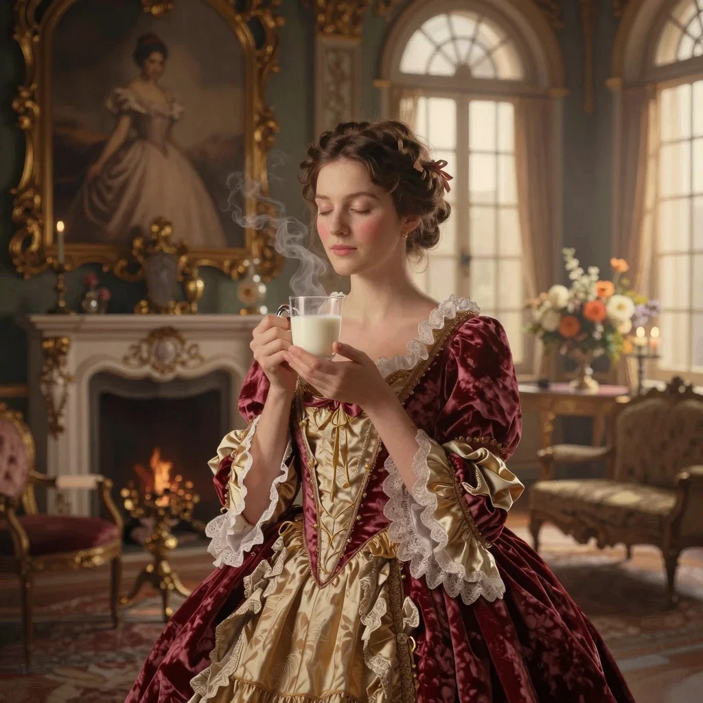 serene noblewoman with warm milk in manor