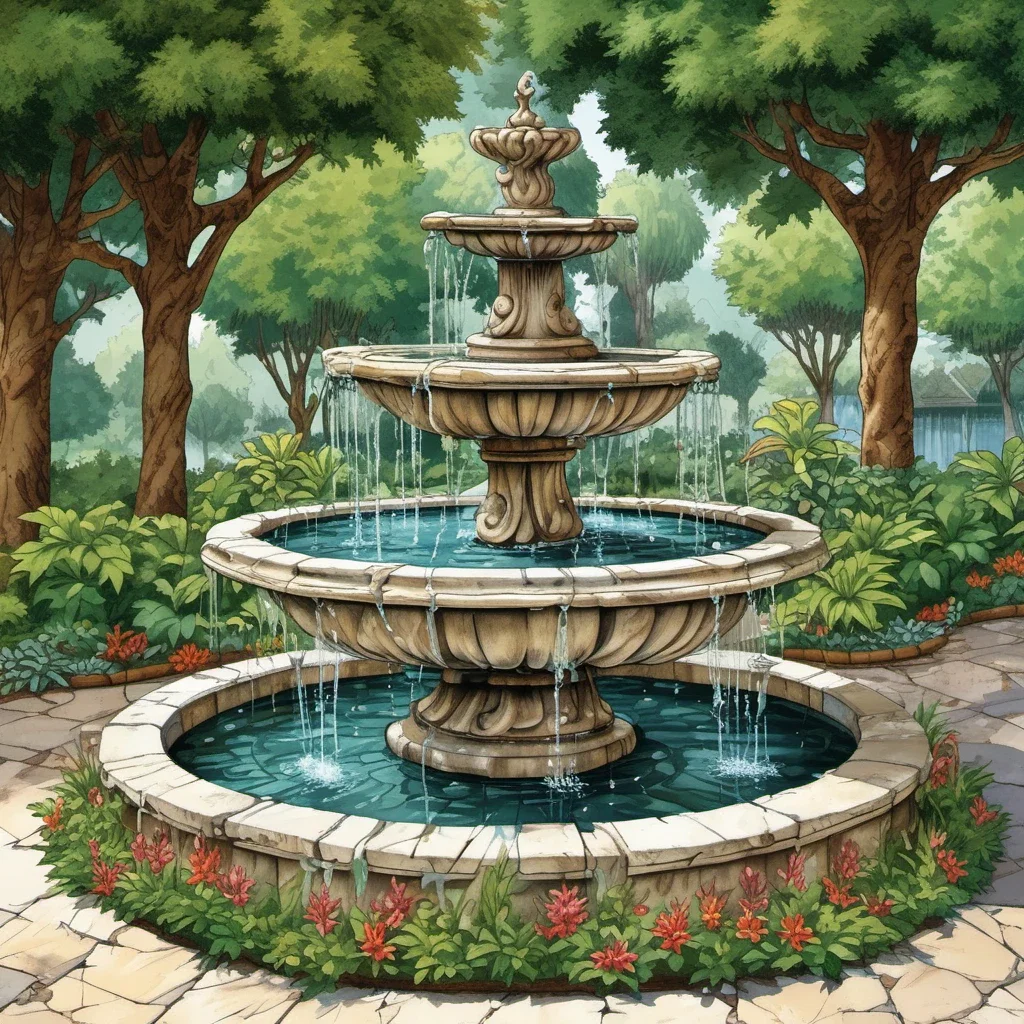 ornate stone fountain with lush ivy and water