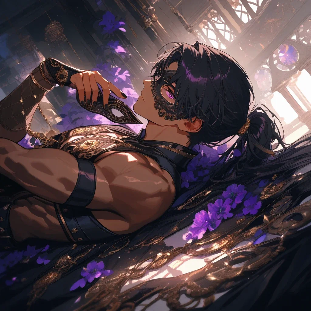black haired thief masquerade mask purple eyes