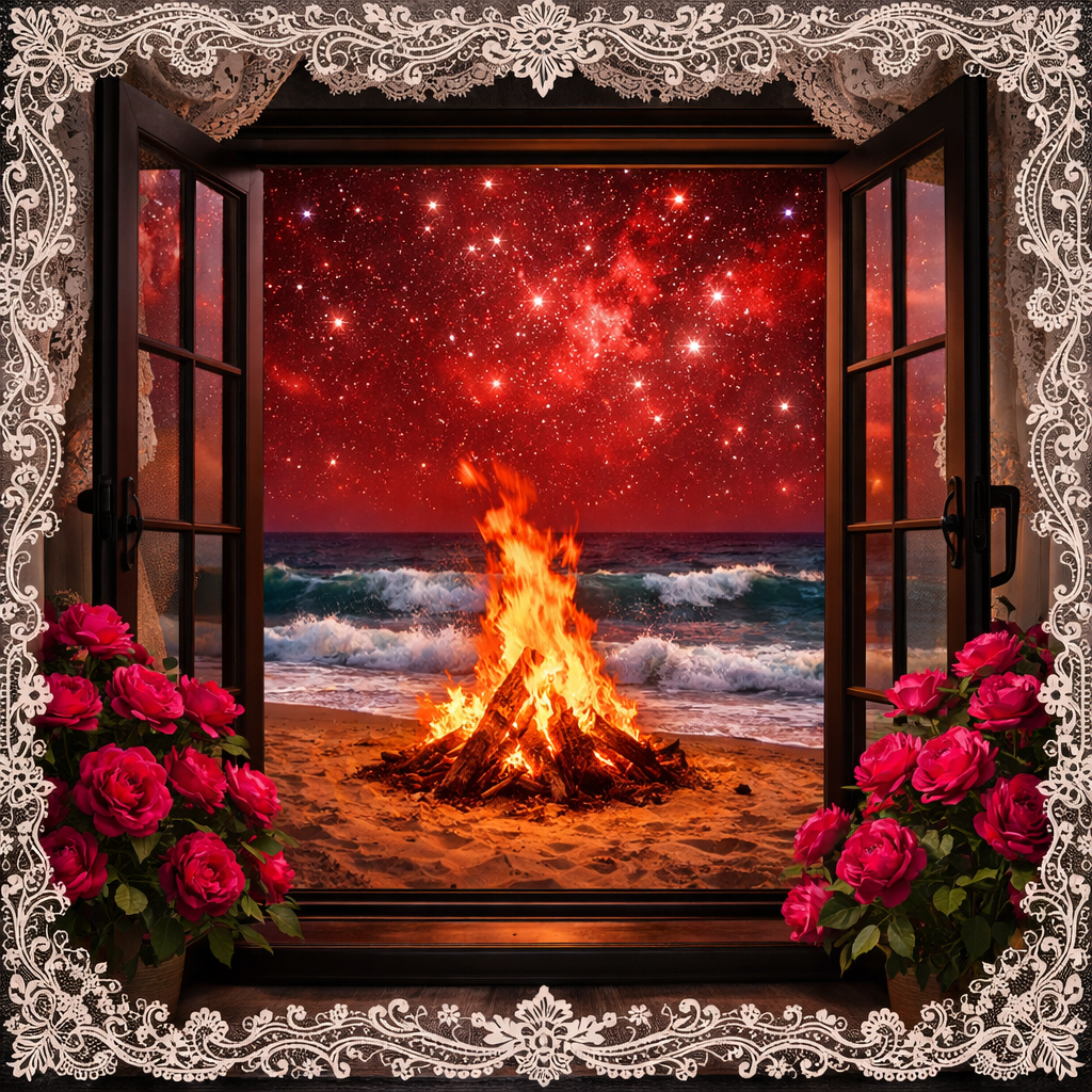 window view of red starry sky beach bonfire