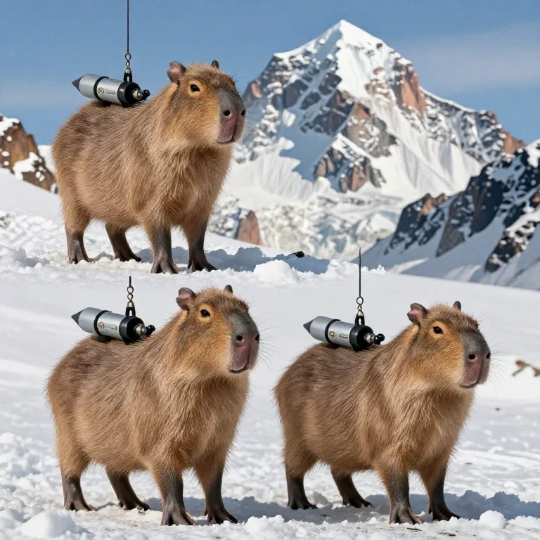 capybaras climbing everest with rocket launchers