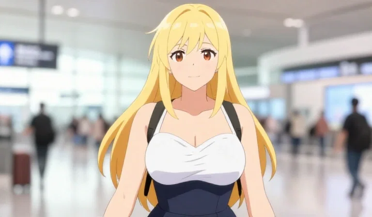 anime blonde tourist arrives airport