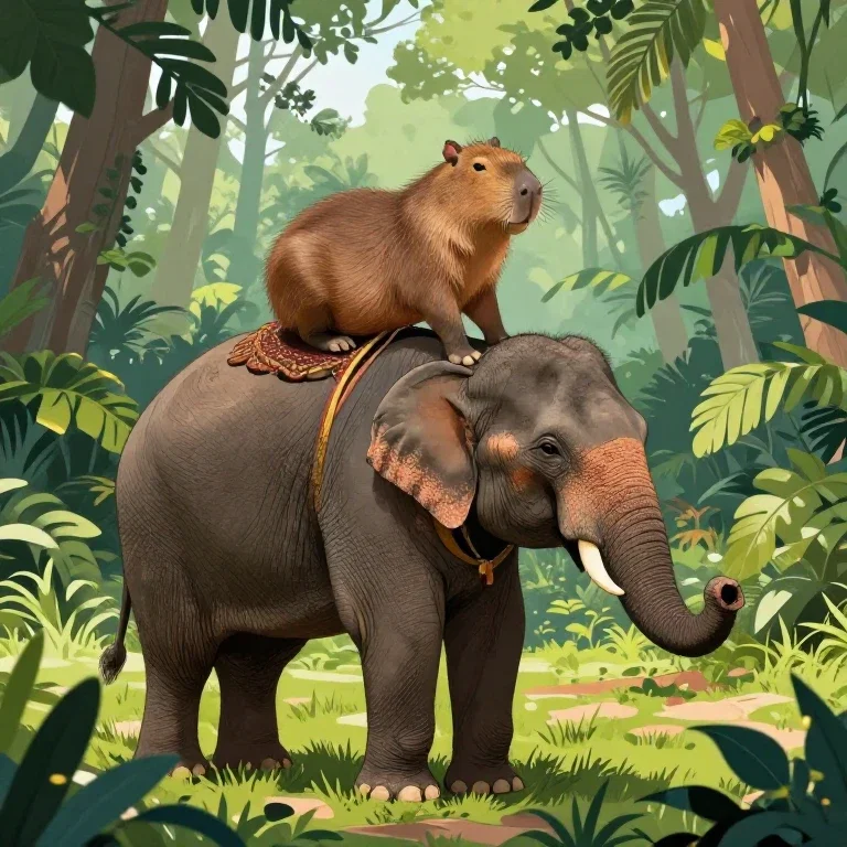 capybara riding elephant in jungle