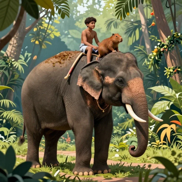 capybara riding elephant in jungle