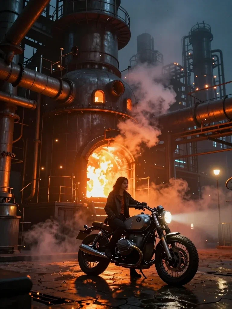 steampunk girl with motorcycle in industrial factory