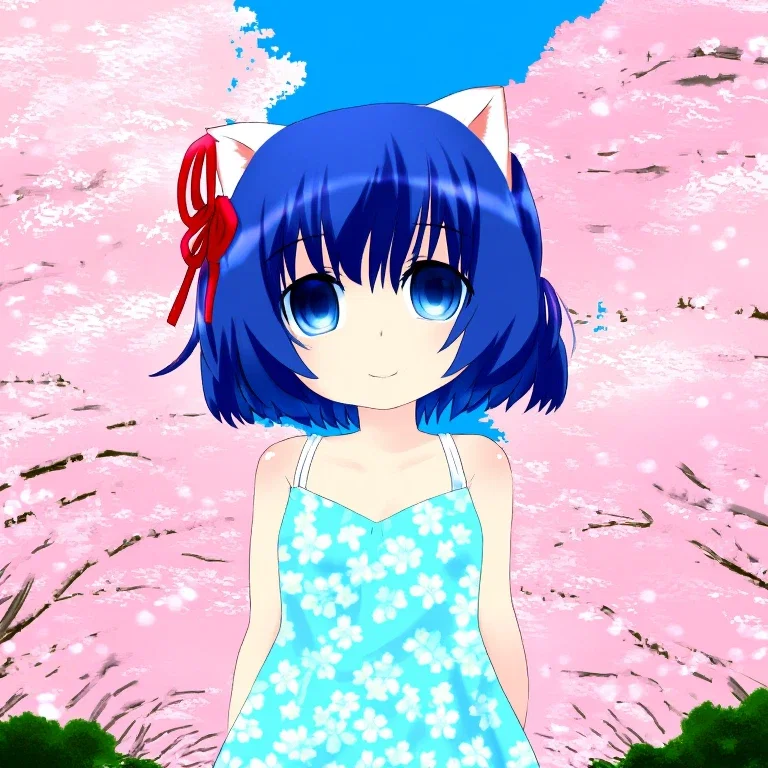 anime girl blue hair cat ears cherry blossoms
