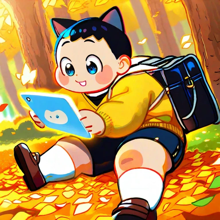 chubby cat boy playing tablet autumn park
