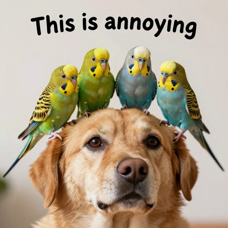 parakeets chirping on dogs head