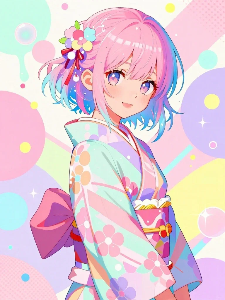 pastel pop art anime girl colorful kimono