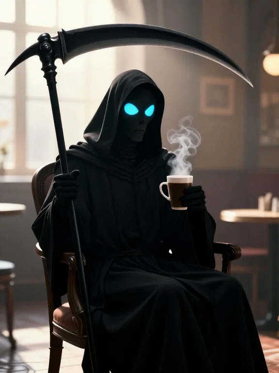 grim reaper drinks coffee morning cafeteria