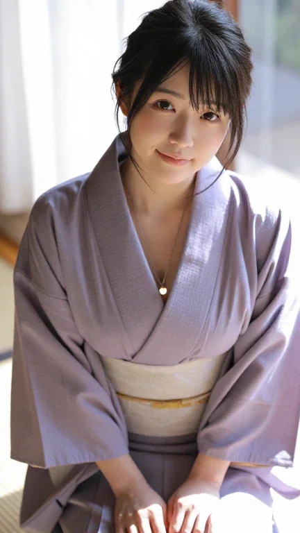 japanese woman in purple kimono with natural light