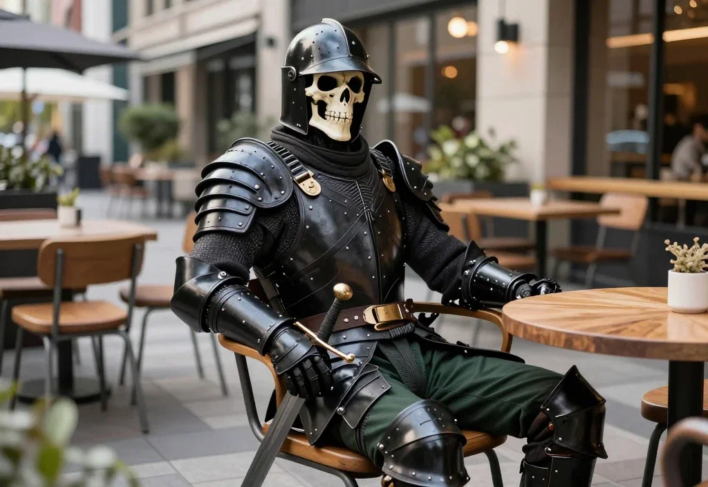 skeletal warrior in modern city cafe