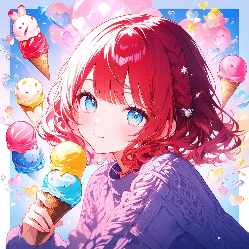 red haired girl in knit sweater with ice cream