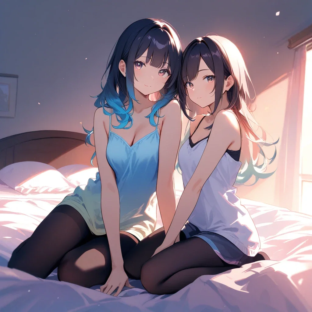 artistic colored underdrawing summer coordination semi real cute bedroom bed