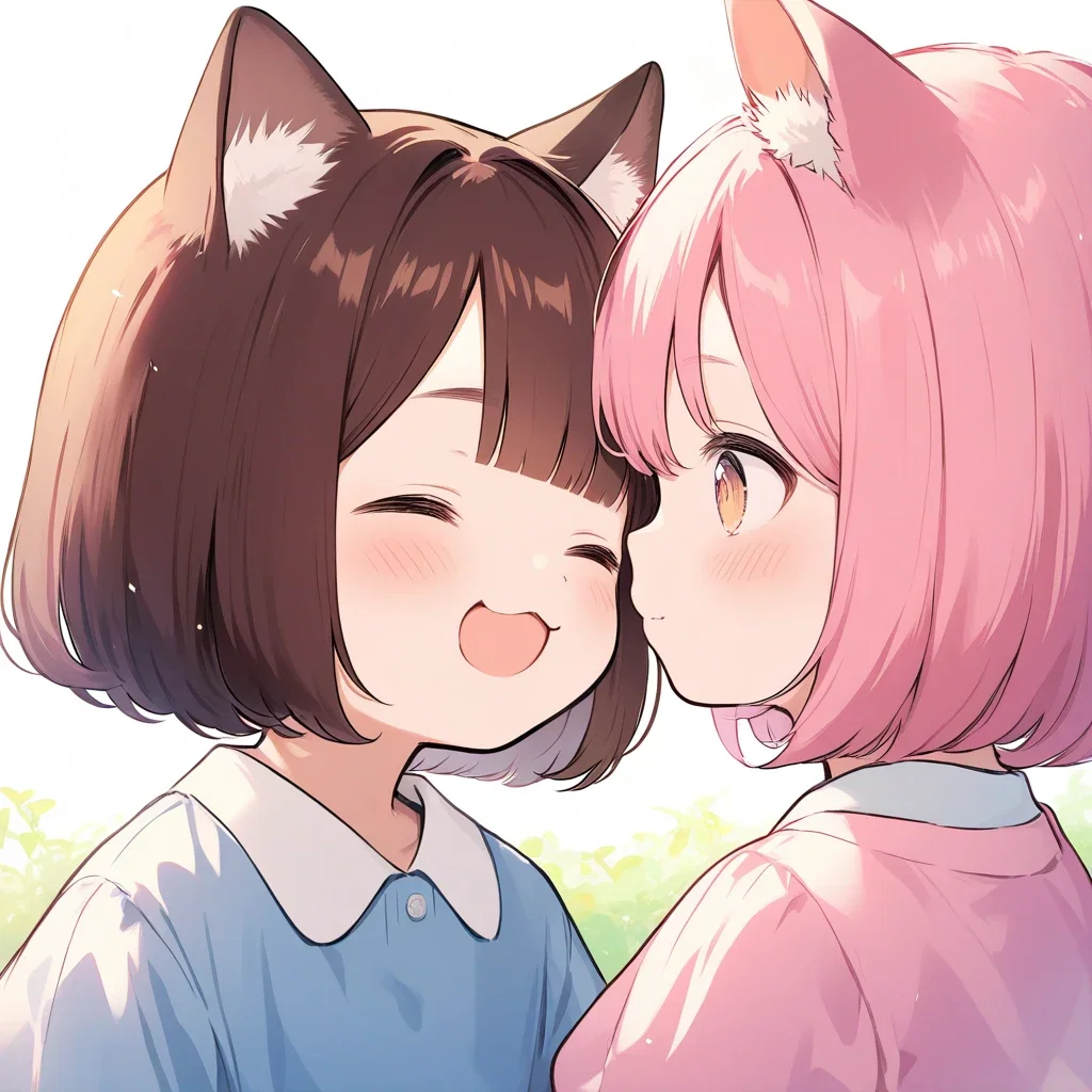 pink hair bob cut cat ears child playing friend