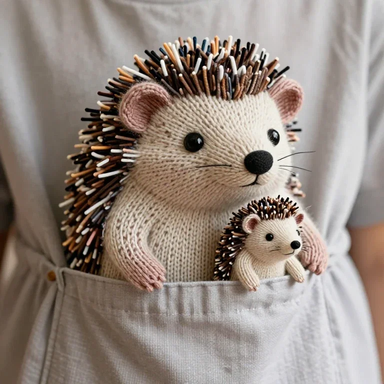 knitted plush hedgehog family peeking pocket