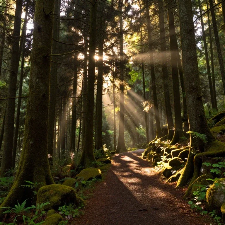 sunlit forest path through coniferous trees