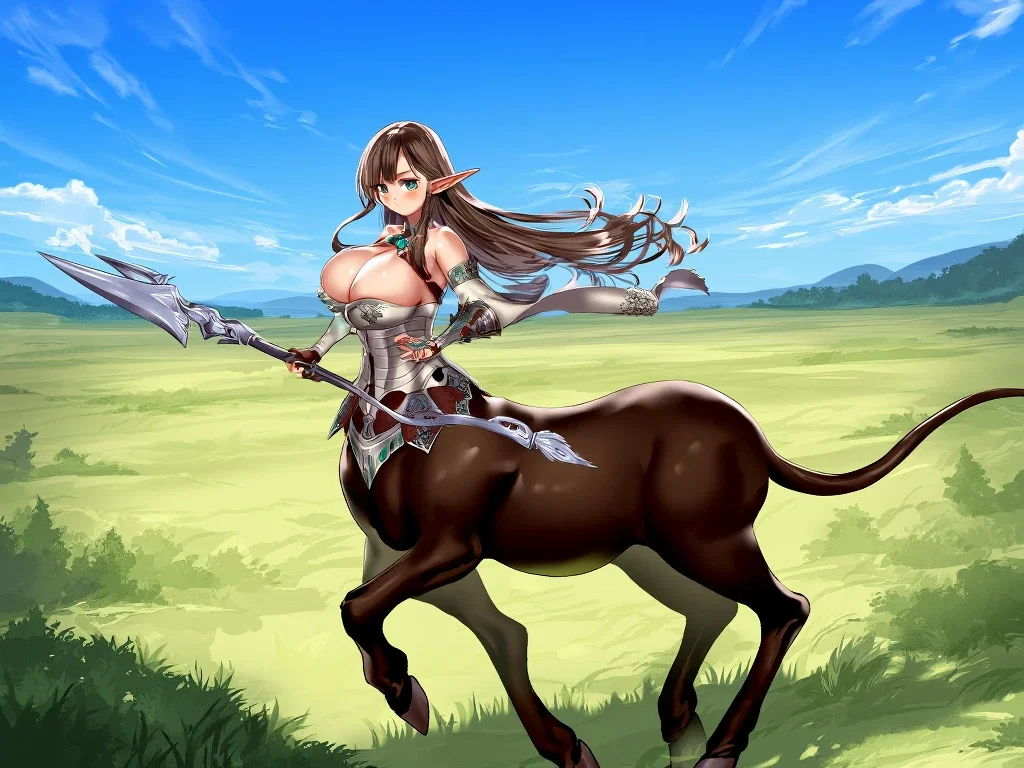 centaur girl with weapon running wilderness