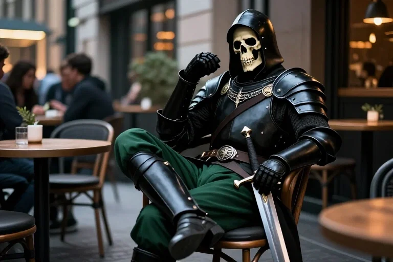 skeleton warrior in cafe with broadsword