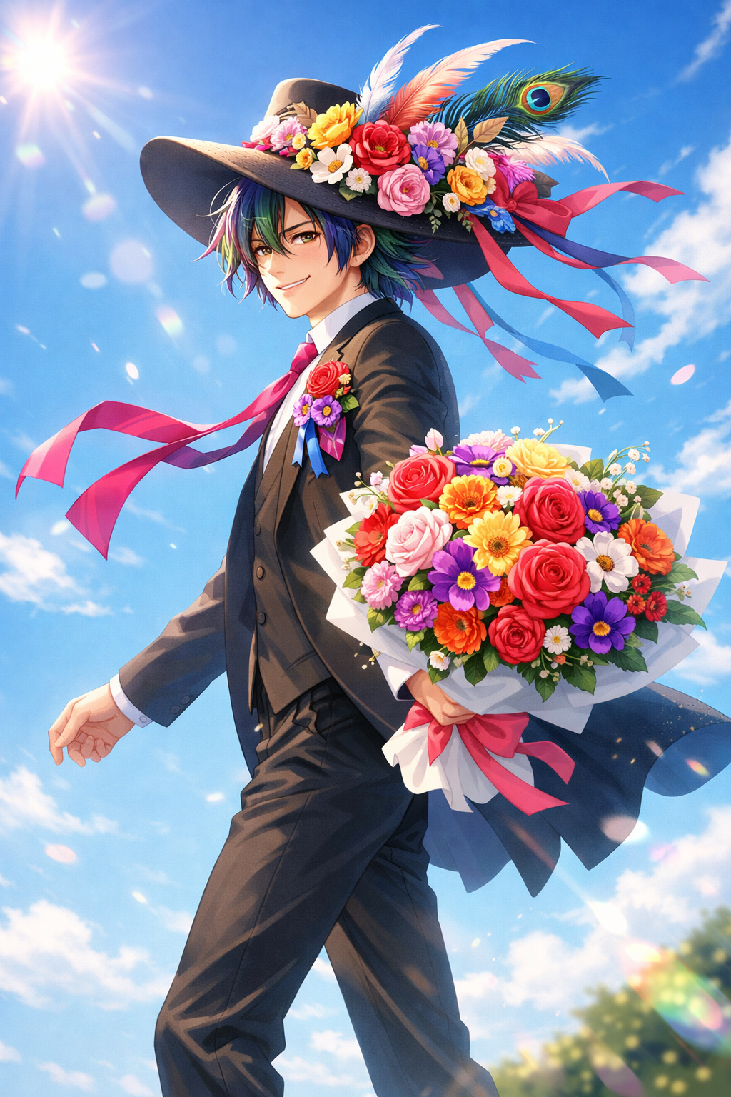 stylish man offering bouquet in breeze
