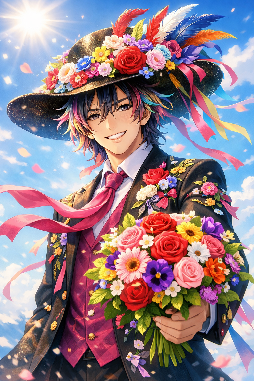 stylish man offering bouquet in breeze