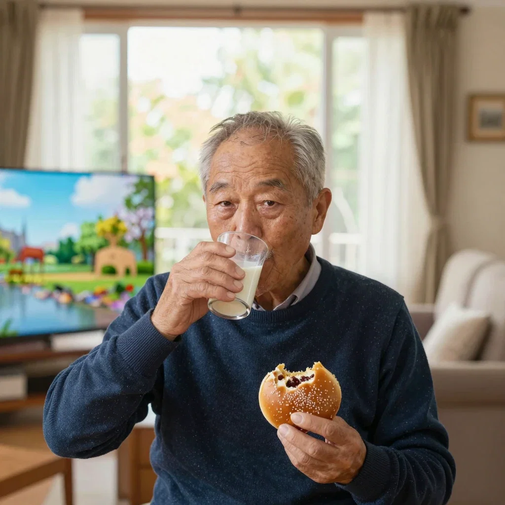 elderly man drinking milk eating sweet bun