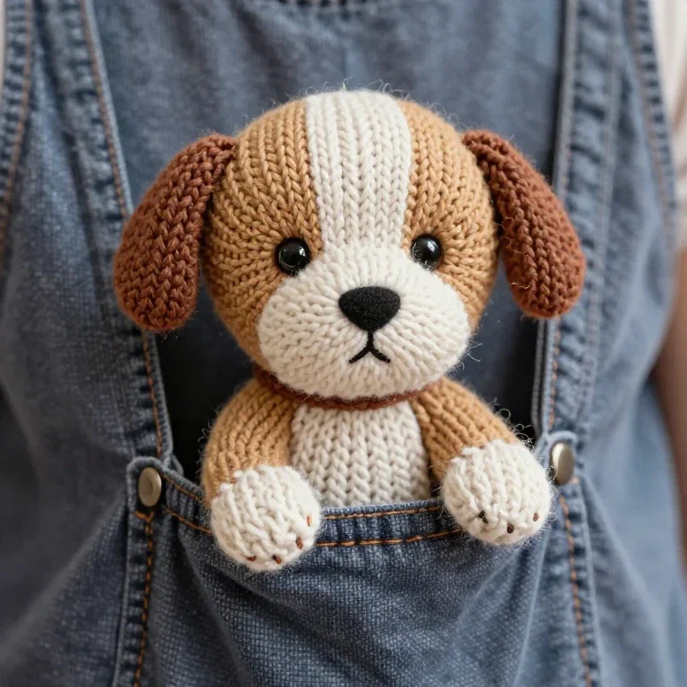 knitted puppy peeking from pocket
