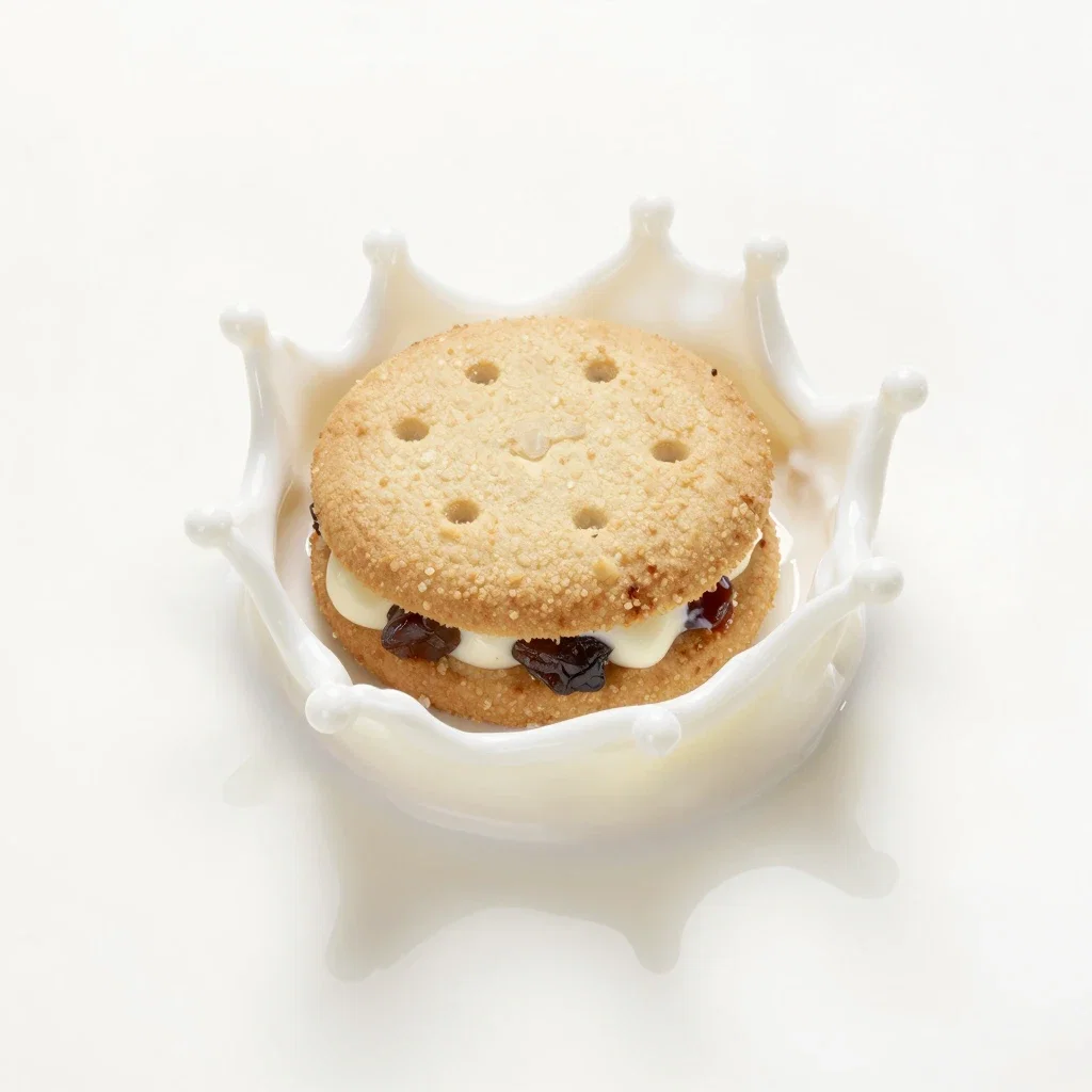 raisin sandwich cookie falls into milk
