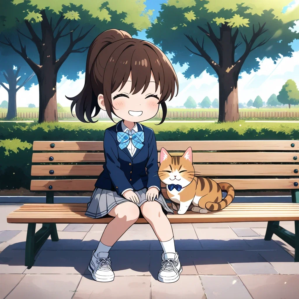 poniko anime girl cat park bench