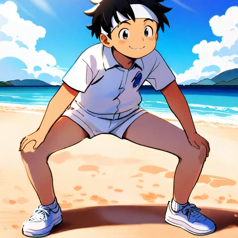 elementary school boy warm up exercises beach