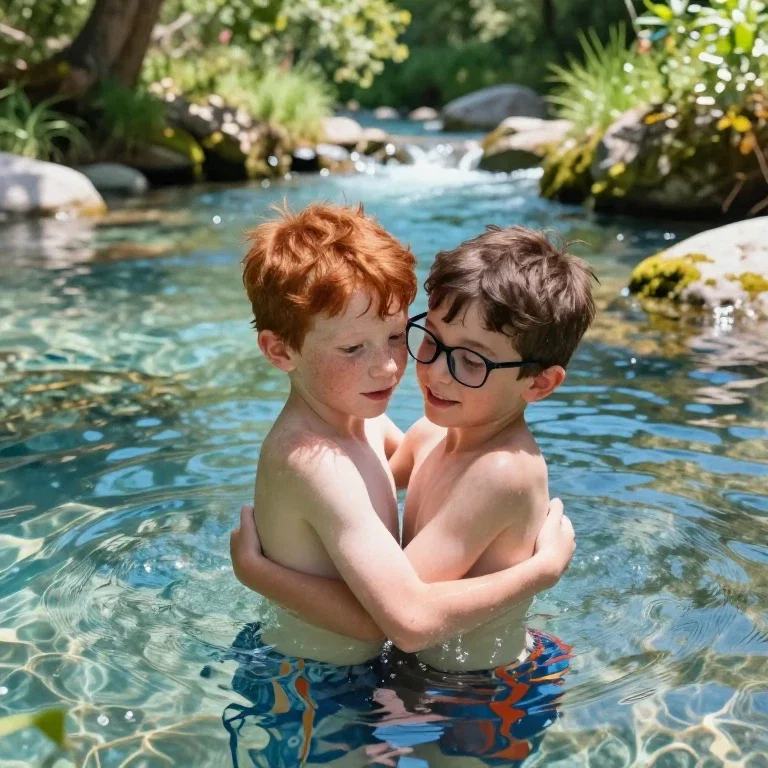 two boys embracing in stream summer day