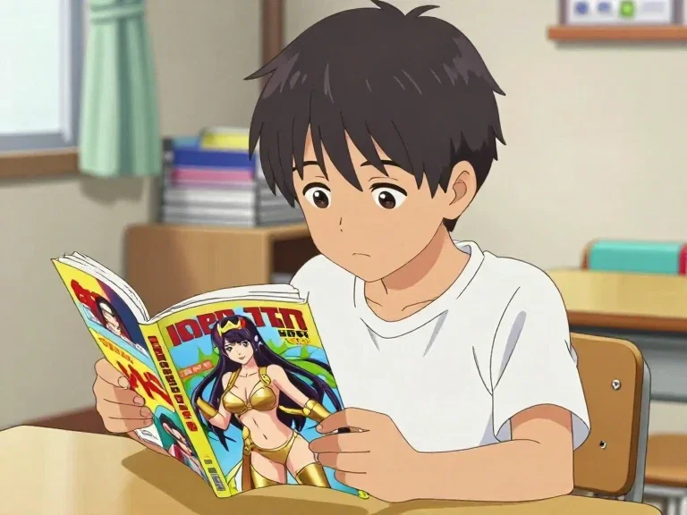 boy reading fantasy comic in room