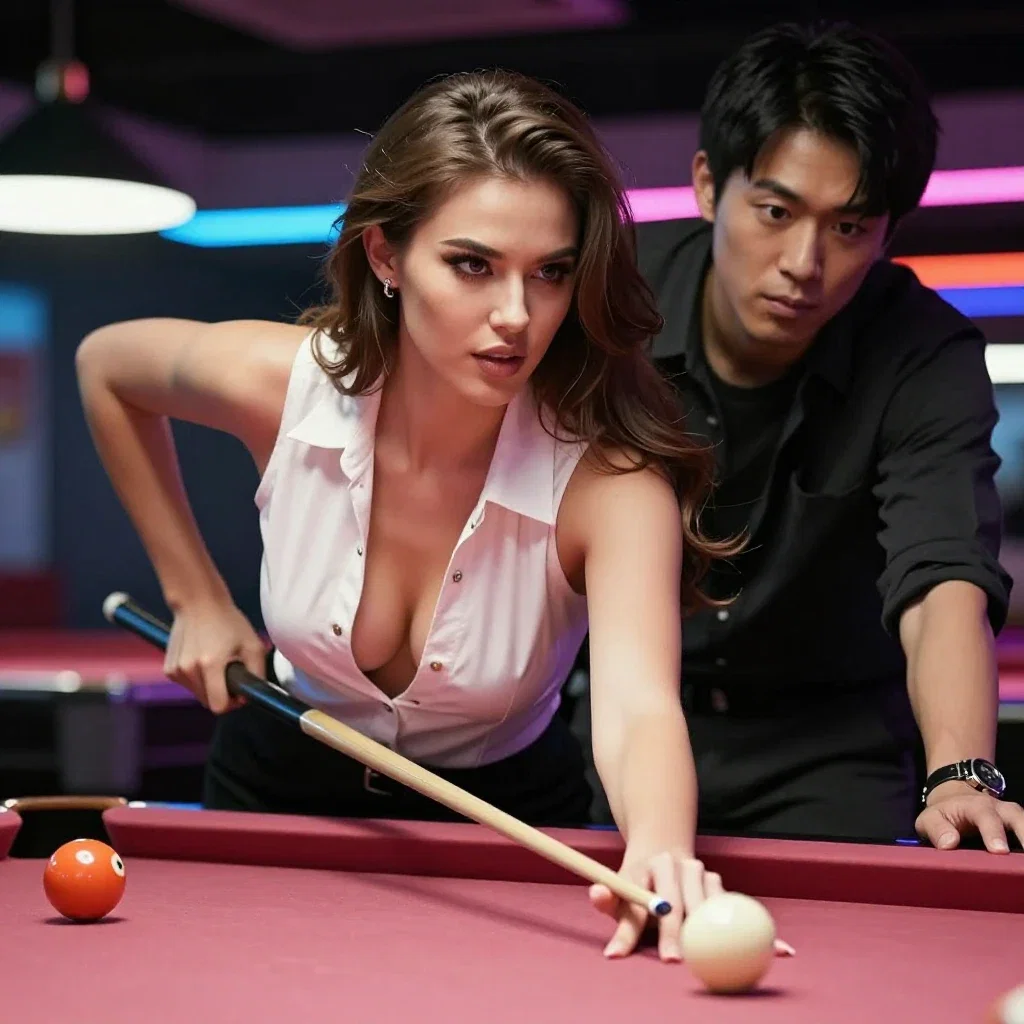 fashionable woman plays billiards with friend