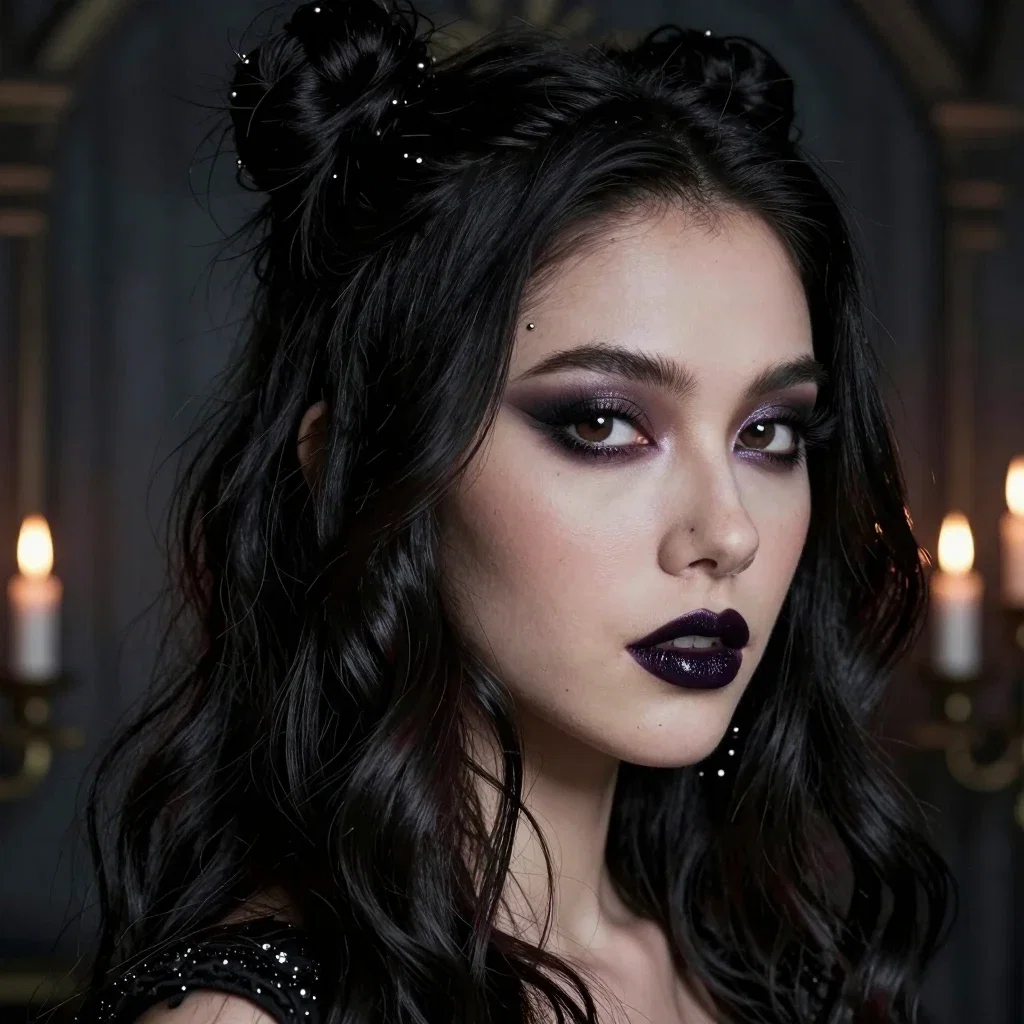 goth model dark hair smoky makeup fantasy background