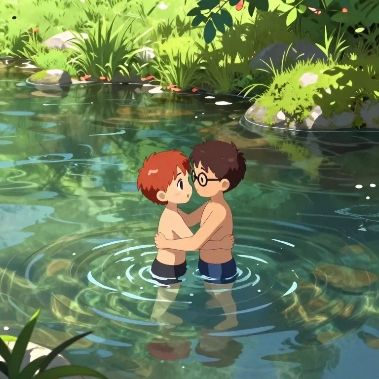 two boys swimming in emerald stream