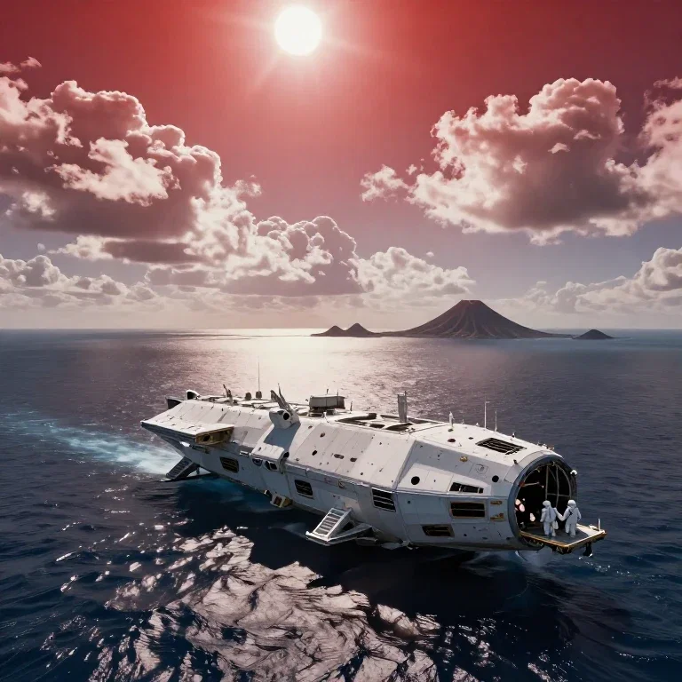 spaceship astronauts ocean volcano islands midday